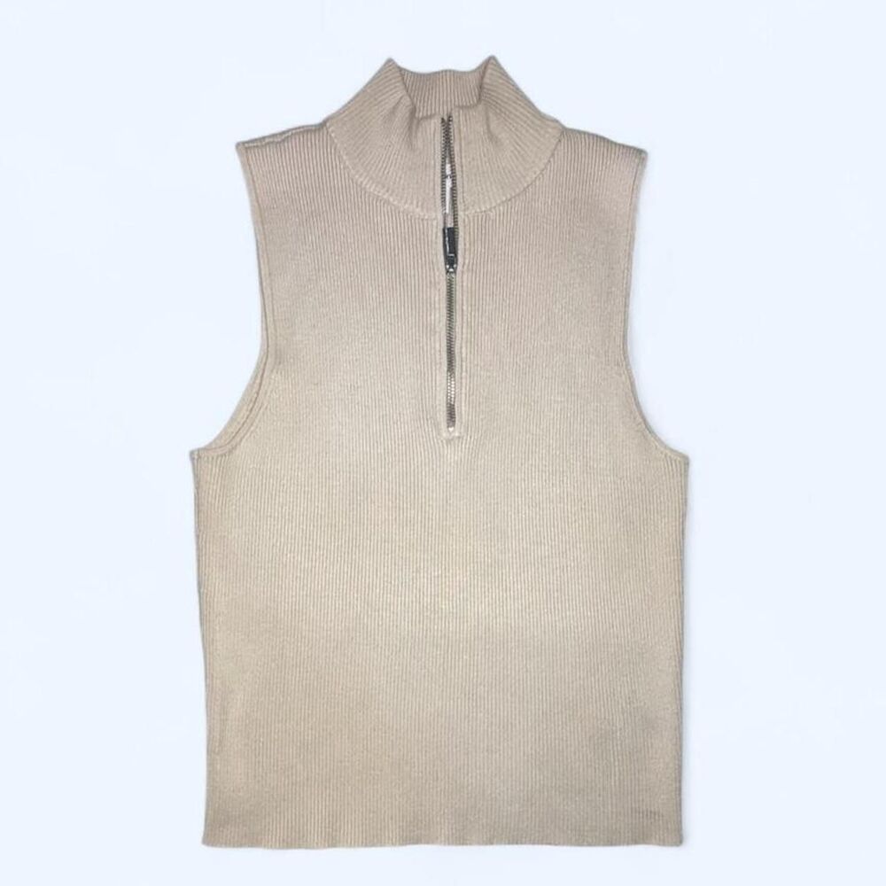 Calvin Klein Jeans Cream Ribbed Sleeveless Zip Mock Neck Sweater Top Size S